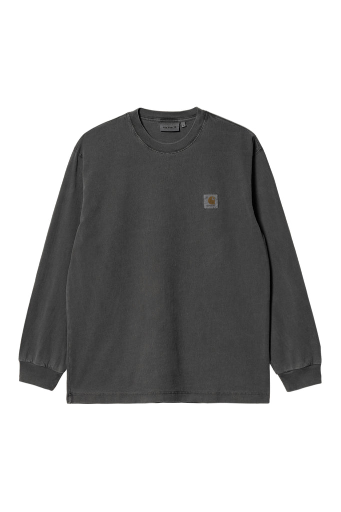 Dark gray long-sleeve shirt with a logo on a white background
