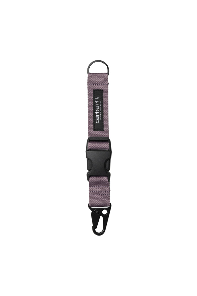 Purple strap with a black carabiner on a white background