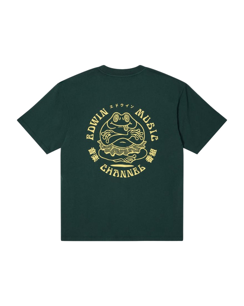 Green t-shirt with gold graphic and text on a white background