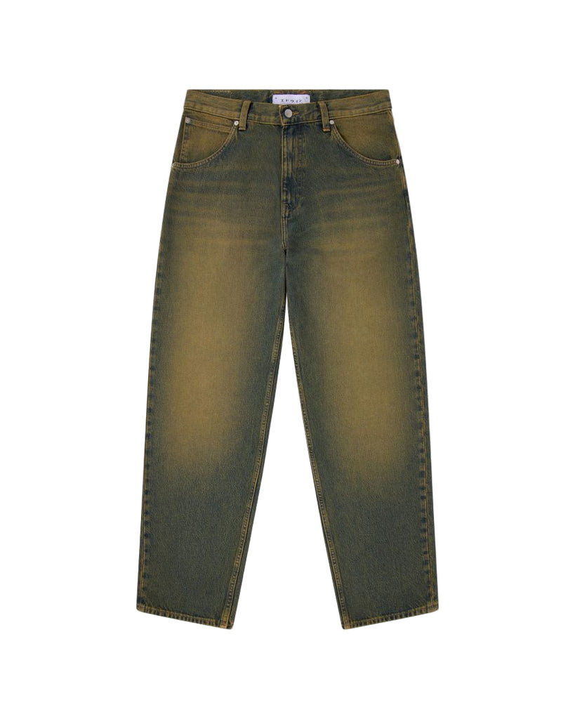 Green jeans on a light gray background
