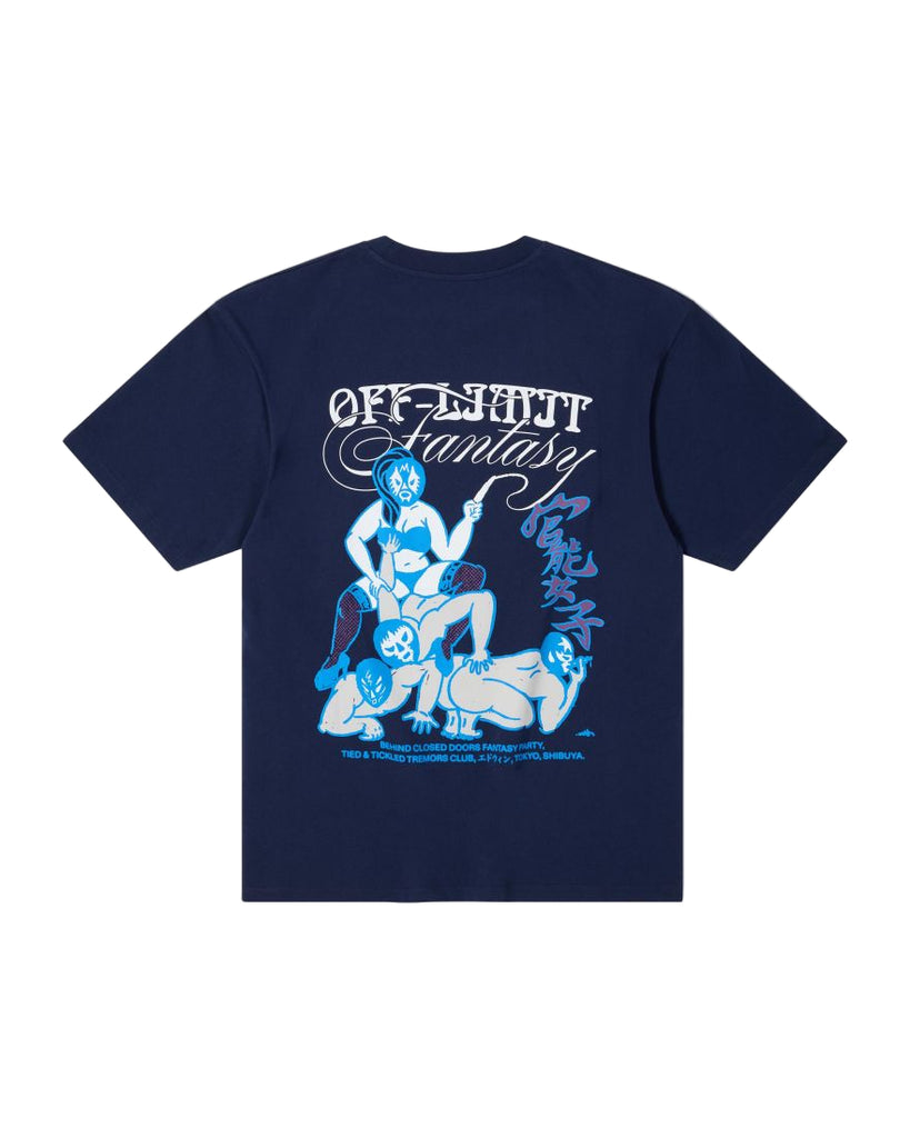 Navy blue t-shirt with graphic design and text on a light gray background