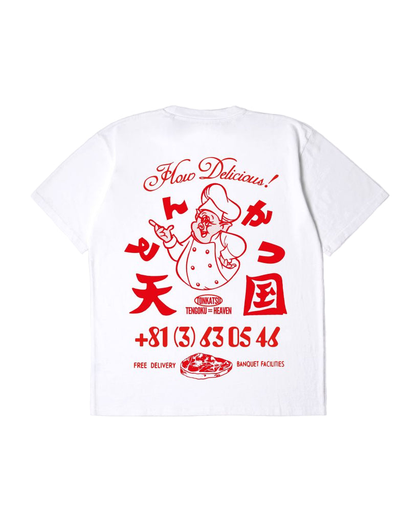 White t-shirt with red graphics and text on a gray background