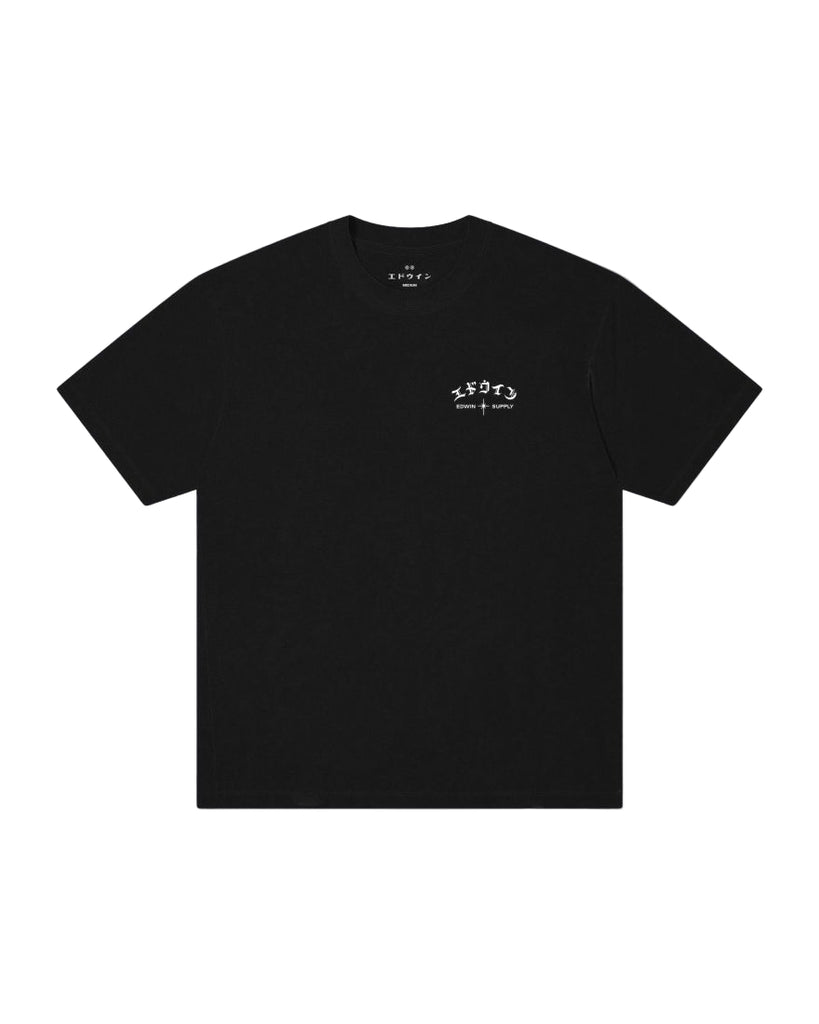 Black t-shirt with white text on a light gray background