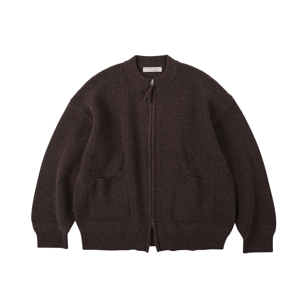 Brown zip-up sweater on a light gray background